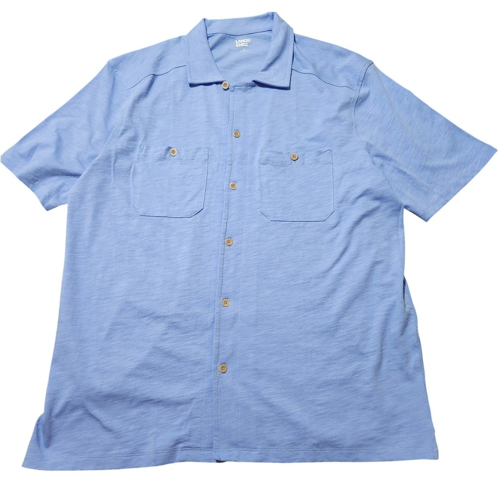 Lands End Men's Large Light Blue Short Sleeve Button Up Camp Cabana Shirt Cotton